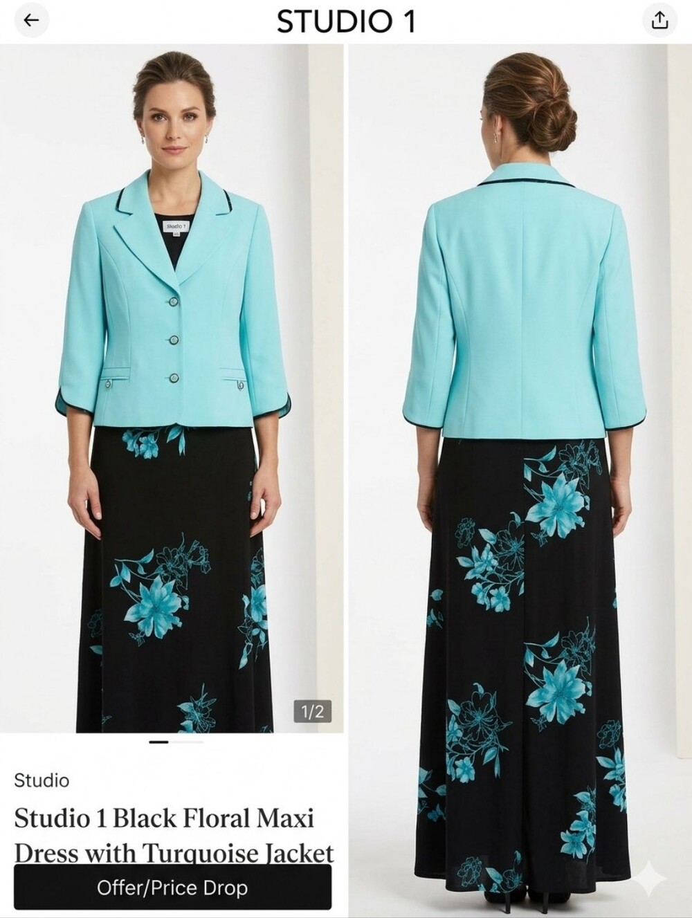 Studio 1 Black Floral Maxi Dress with Turquoise Jacket